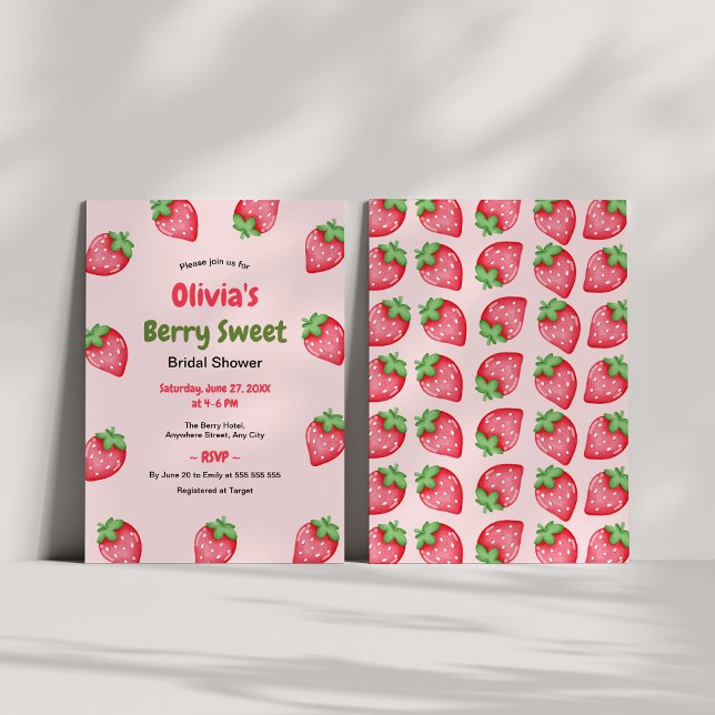 Bär Söt Rosa Röd Jordgubbs Bröllopsdusch  Inbjudningar (Berry Sweet Pink Red Strawberry Bridal Shower Invitation )