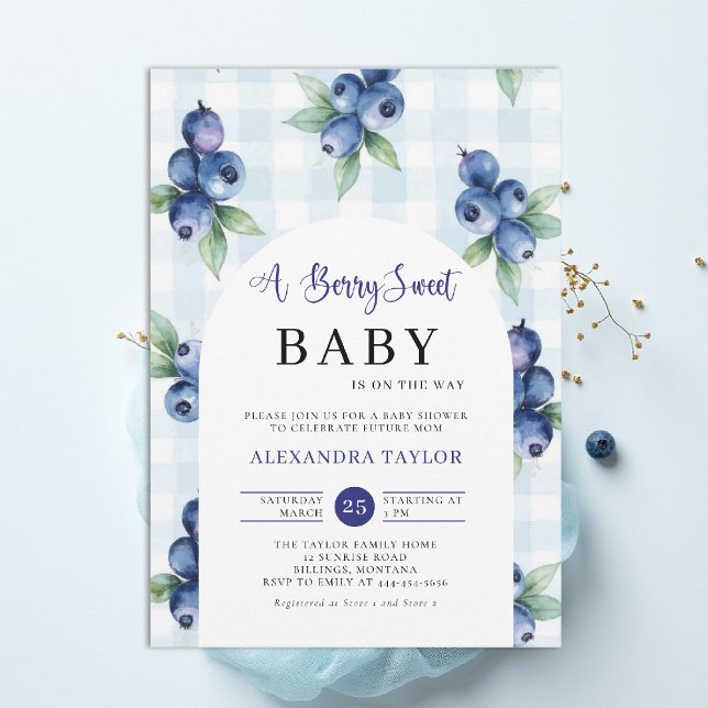 Bär Söt Rutig Blå Bondgård Båge Pojke Bebis Firand Inbjudningar (berry sweet baby shower invitation boy blue blueberries farmhouse cottage watercolor gingham arch)