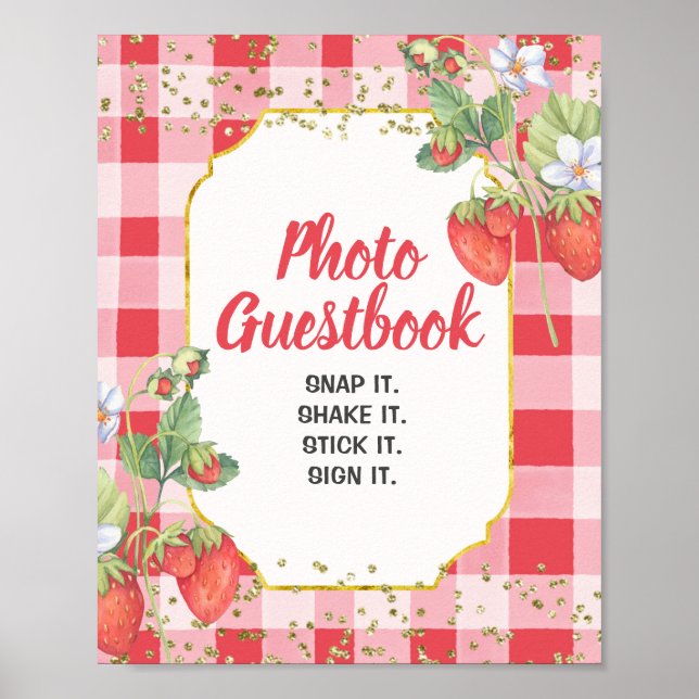 Bär Söt Vattenfärg Jordgubbe Foto Gästbok Poster (Framsidan)