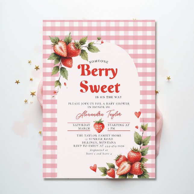 Bär Söta Bär Trädgård Rutig Baby Shower Inbjudningar (berry sweet baby shower invitation fruit theme strawberry watercolor summer garden cottagecore pink)