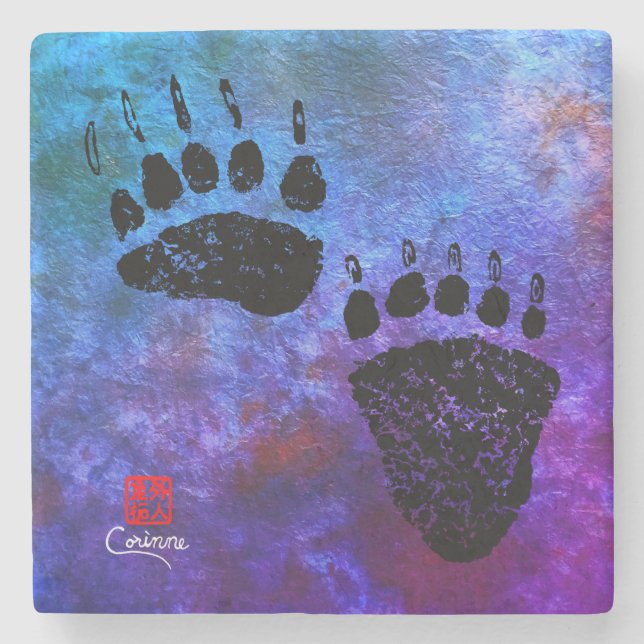 Bär Tassar på blått - Marble Underlägg Sten (Framsidan)