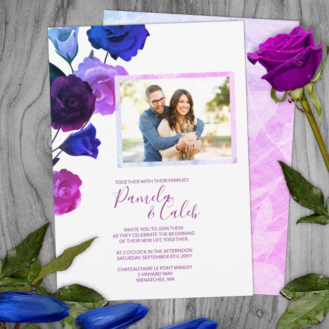 Bär Violet, Royal Blue, Rosa Rosor Bröllop Inbjudningar (Purple pink blue wine red wedding bouquet garden wedding summer botanical wedding invitations berry)