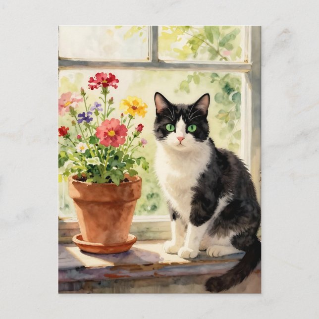 Bara att säga hej | Katt- och blomtema Vykort (Framsida)