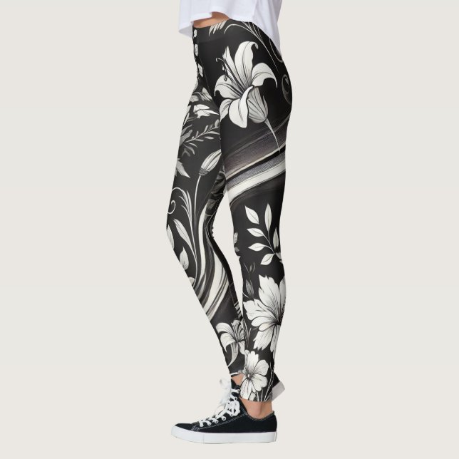 Bära av Black and White Blommigt Gym Leggings (Vänster)