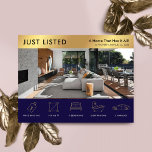 Bara börsnoterad flotta och Guld Real Gods Marknad Vykort<br><div class="desc">Modern Navy Blue och Guld Listed Real Gods marknadsföring med vykort med plats för logotyp-, egendom-foto- och egendom-detaljer med ikoner. Det här anpassadet marin och faux guld Egendom För säljfrämjande vykort har en professionell med plats för anpassningsbar och egendom. Ett enkelt sätt att annonsera ditt hus eller din lägenhetslista till...</div>
