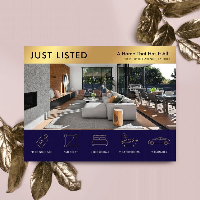 Bara börsnoterad flotta och Guld Real Gods Marknad Vykort (Professional house for sale or rent marketing postcard in navy blue and gold)