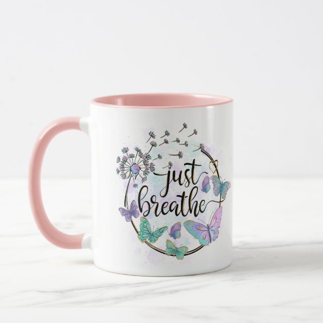 Bara Breathe Butterflies Dandelion Self Care Yoga Mugg (Vänster)