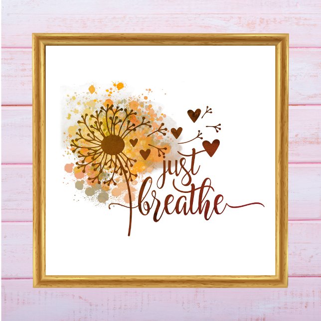 Bara Breathe Dandelion Hearts Encouragement Yoga Poster (Just Breathe Dandelion Blowing in Wind Watercolor Wall Art. Digital or Printed. Yoga Meditation )
