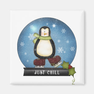 BARA CHILL Penguin Ice Sking Inside Snowglobe Magnet