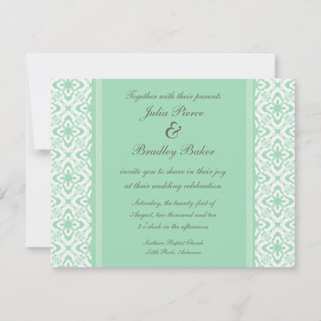 Bara Dazzling Damask Wedding Inbjudan, Mint Grönt Inbjudningar (Framsida)