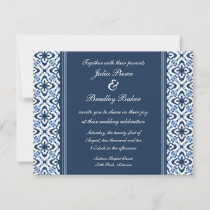 Bara Dazzling Damask Wedding Inbjudan, Mörk blått Inbjudningar