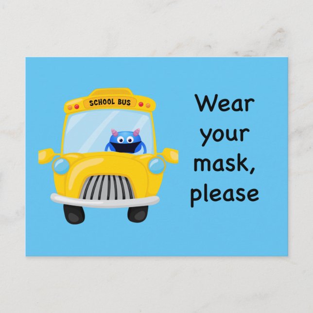 Bära din mask, tack, monsterbilshögskolan i Buss Vykort (Framsida)