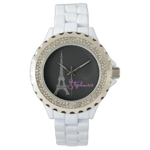 Bara Elegant Paris Eiffel Torn Black Rosa Armbandsur