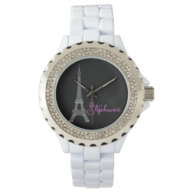 Bara Elegant Paris Eiffel Torn Black Rosa Armbandsur (Framsida)