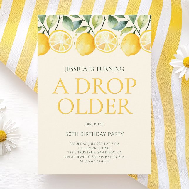 Bara En Dropp Äldre Citron Citrus 50-års Födelseda Inbjudningar (Just A Drop Older Lemon Citrus 50th Birthday Party Invitation)