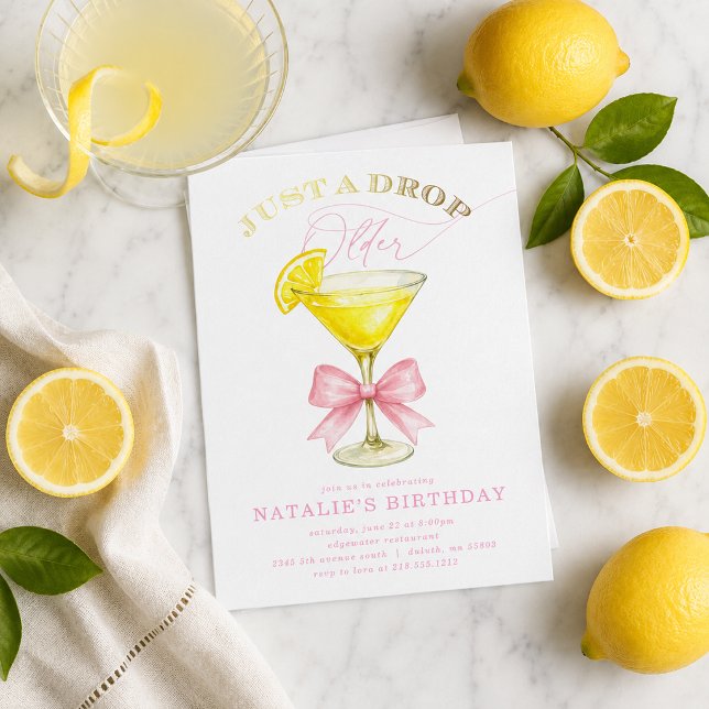 Bara en droppe äldre Lemon Drop Rosa Slöja Födelse Inbjudningar (Just a Drop Older Lemon Drop Pink Bow Birthday Invitation)