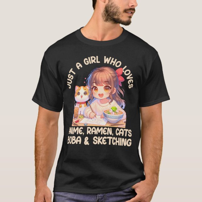 Bara en flicka som Kärlek Anime Ramen Cats Boba oc T Shirt (Framsida)