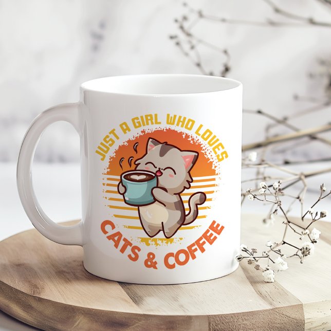 "Bara en flicka som Kärlek Cats and Coffee" Retro Kaffemugg ("Just a Girl who Loves Cats and Coffee" Retro Coffee Mug on a boho kitchen table with tiny flowers)