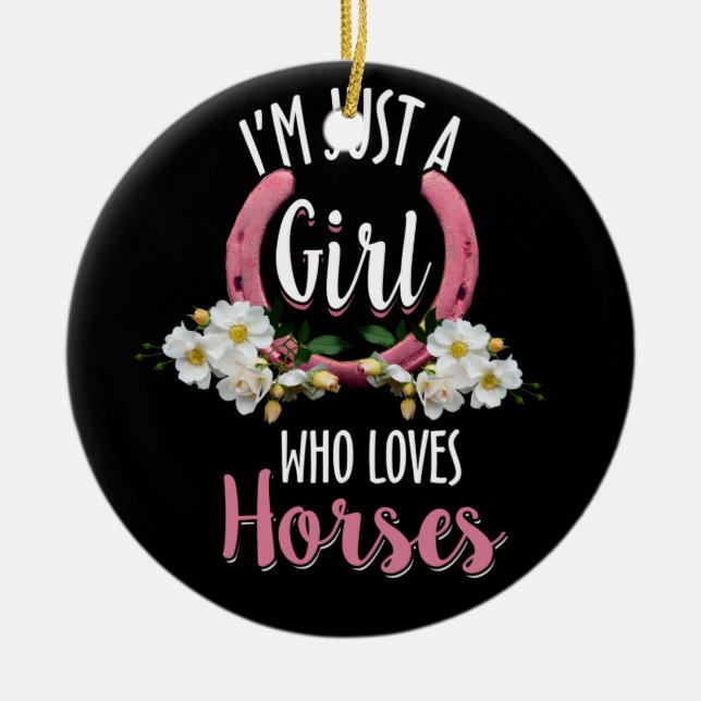 Bara en flicka som Kärlek Horses Girls Blommigt Julgransprydnad Keramik (Framsidan)
