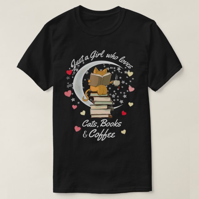 Bara en flicka som kärlek kattar bokar och kaffeka t shirt (Design framsida)