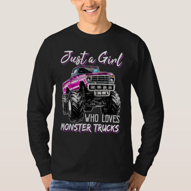 Bara en flicka som Kärlek Monster Lastbilar Birthd T Shirt (Framsida)