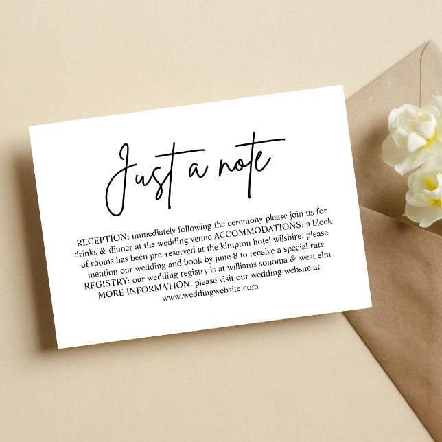 Bara en notis Minimal information om bröllopet bif Inbjudningar (Minimal enclosure card shares wedding details with a simple, elegant “just a note” touch.)