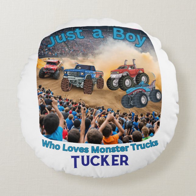 Bara en pojke som Kärlek Monster Lastbilar Rund Kudde (Framsidan)