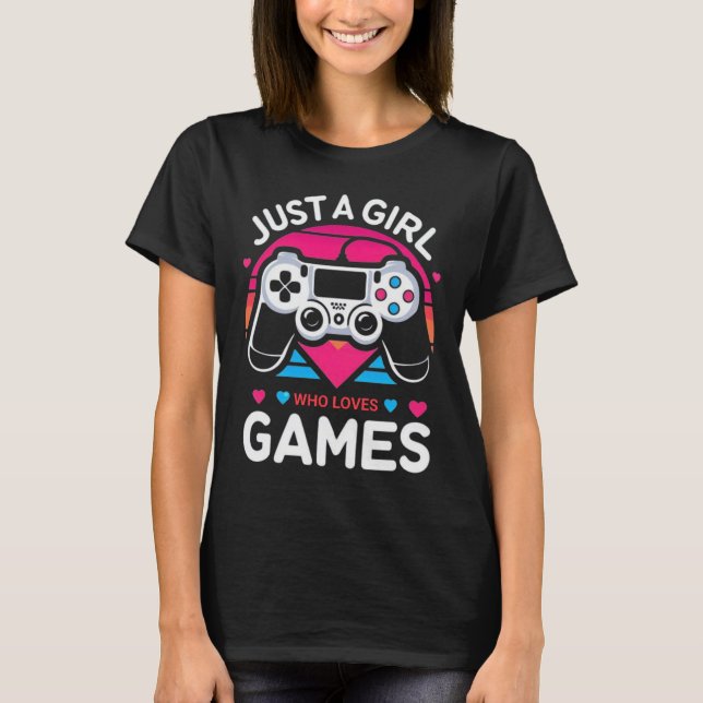 Bara en tjej som älskar spel rosa & blå retro-game t shirt (Framsida)