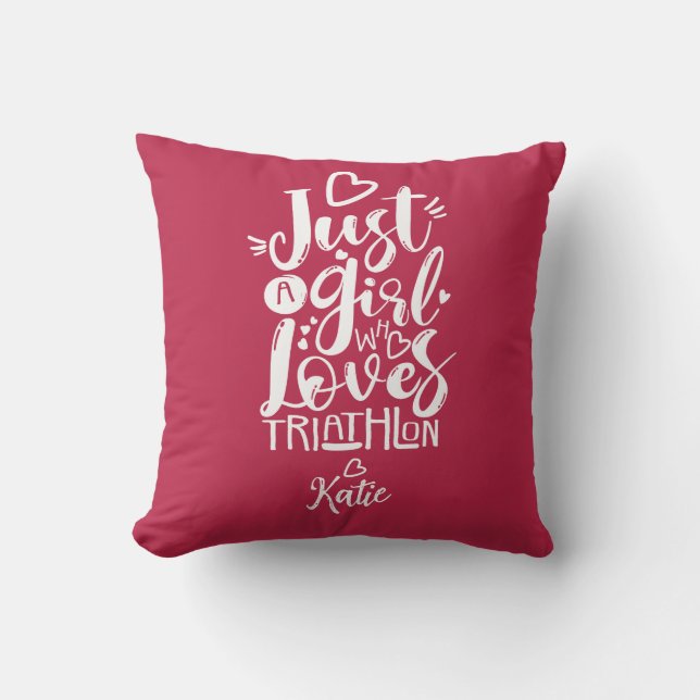 Bara En Tjej Triathlon Vit Och Magenta Typografi Kudde (Framsida)