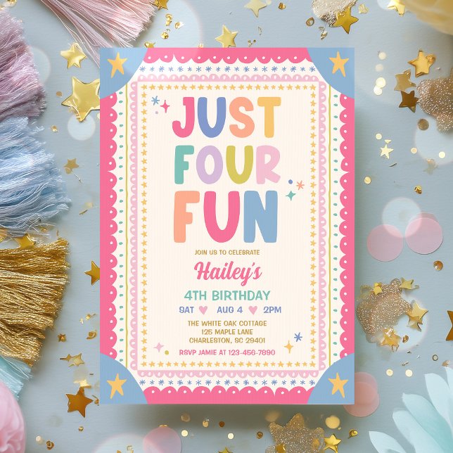 Bara Fyra Roliga Whimsical Flickas 4-års Födelseda Inbjudningar (Skapare uppladdad)