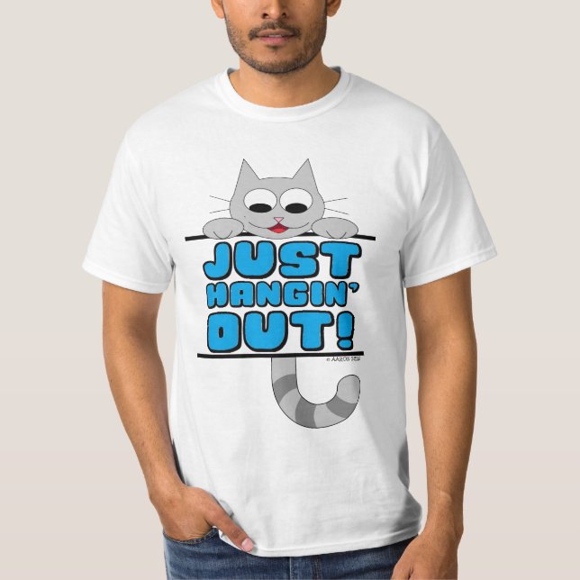 BARA HÄNGER OCH SLÄPPER! Söt Leken Katt T Shirt (Framsida)