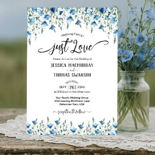 Bara Kärlek! Blue Boho Chic Wildblommor Bröllop Inbjudningar