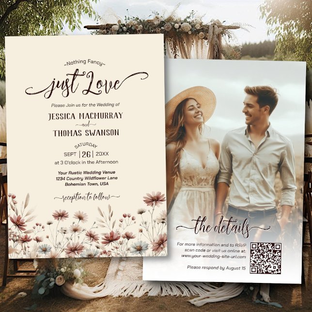 Bara kärlek! Boho vildblommor Foto QR-kod Bröllop Inbjudningar (Front/Back)