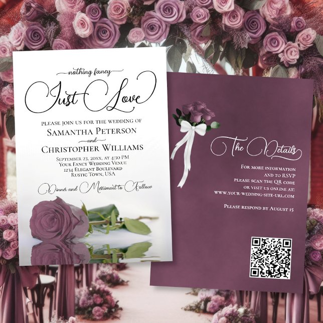 Bara kärlek Chic Dusty Mauve Rose QR-kod Bröllop Inbjudningar (Front/Back)