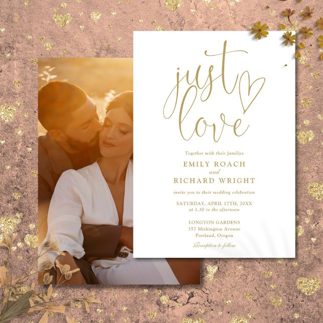 Bara kärlek elegant script foto guld bröllop inbjudningar (Just Love Elegant Script Photo Gold Wedding Invitation)