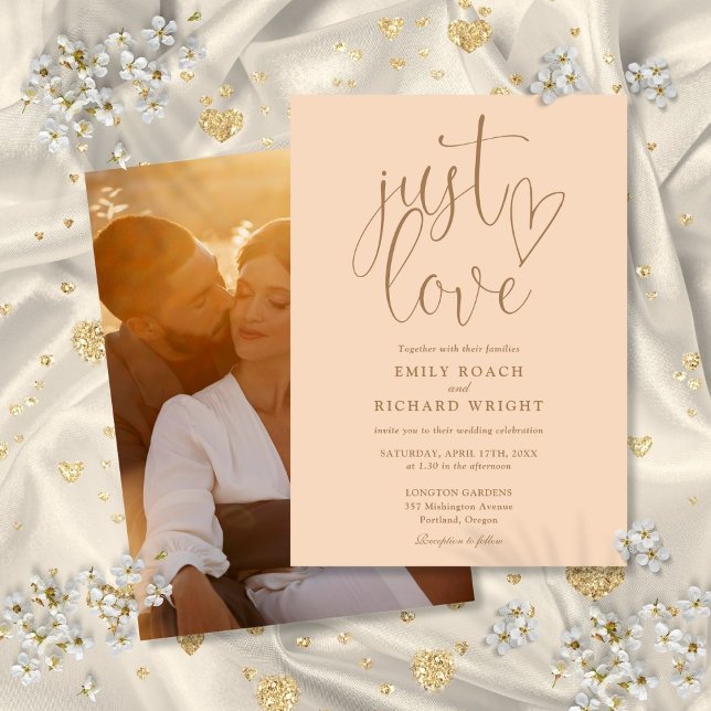 Bara kärlek elegant skrivstil foto mjuk persikofär inbjudningar (Just Love Elegant Script Photo Soft Peach Wedding Invitation)
