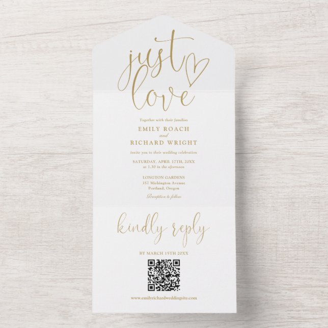Bara kärlek modern QR-kod chic guldbröllop (Insida)