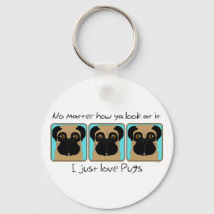 Bara Kärlek Pugs Quote och Funny Pugs Tittar runt Nyckelring
