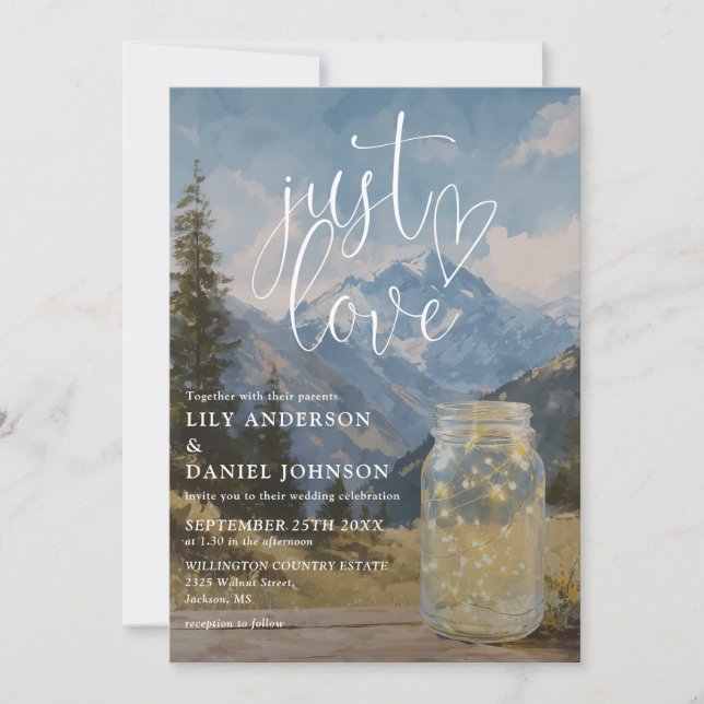 Bara kärlek Rustic Boho Mountain Masonkruka Bröllo Inbjudningar (Framsida)