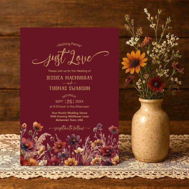 Bara kärlek Rustic Burgundy Boho Wildflowers Bröll Inbjudningar (Skapare uppladdad)