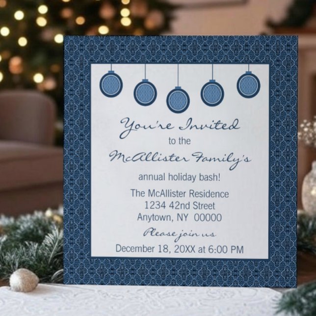 Bara klassisk skugga Ornaments jul Blue Inbjudningar (Blue Simply Classic Damask Ornaments Christmas Party Invitation)