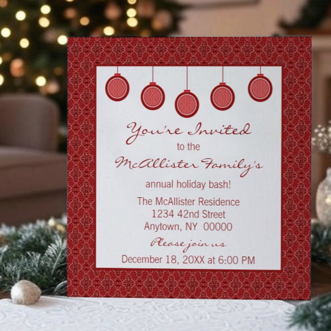 Bara klassiskt skämt, prydnadsföremål Julrött Inbjudningar (Red Simply Classic Damask Ornaments Christmas Party Invitation)