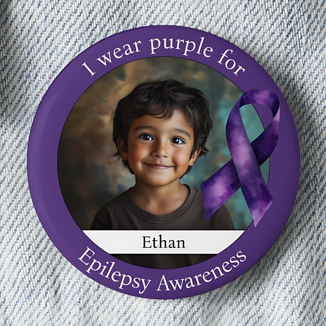 Bära Lila for Epilepsy Awareness Photo Knapp (I wear purple for Epilepsy Awareness purple ribbon photo pinback button.)