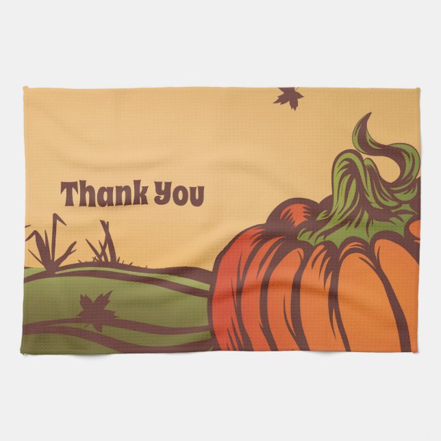 Bara pumpa en i fält. Höst löv faller. Kökshandduk (Horisontell)