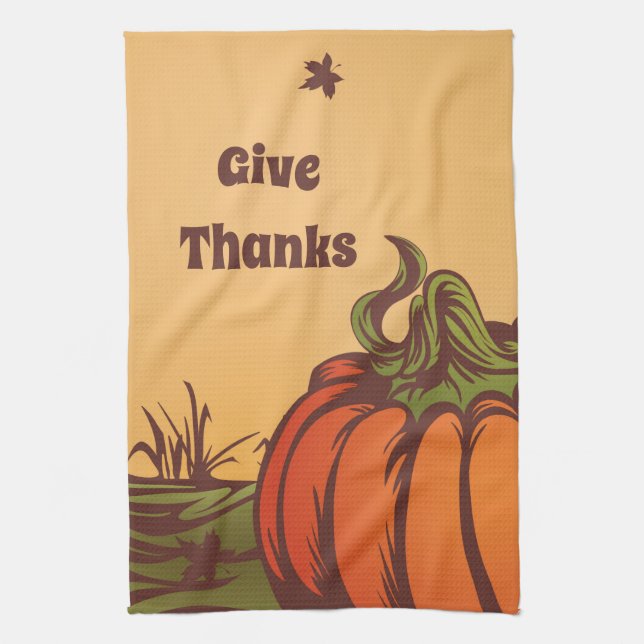 Bara pumpa en i fält. Höst löv faller. Kökshandduk (Vertikal)