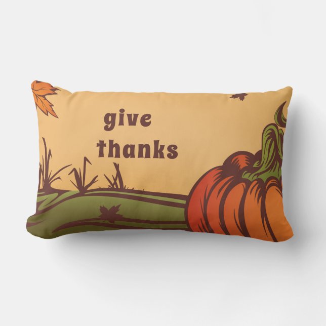 Bara pumpa en i fält. Höst löv faller. Lumbarkudde (Framsida)