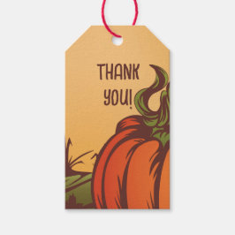 Bara pumpa en i fält. Höst löv faller. Presentetikett