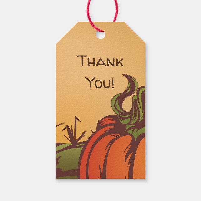 Bara pumpa en i fält. Höst löv faller. Presentetikett (Framsidan)