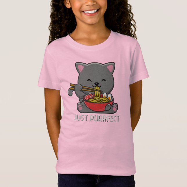 Bara purrfect - Cat Eating Ramen T Shirt (Framsida)