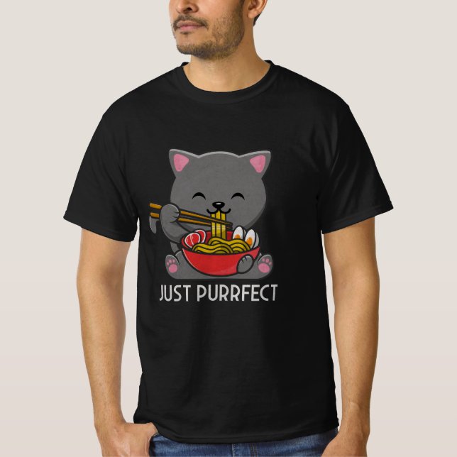 Bara purrfect - Cat Eating Ramen T-Shirt (Framsida)